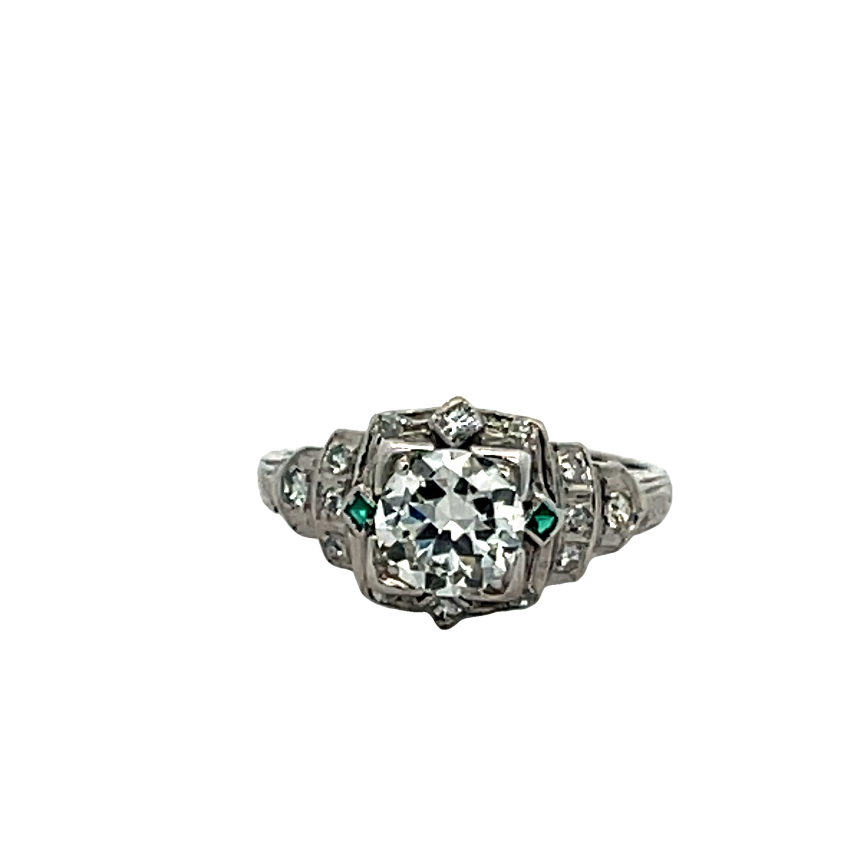 Platnium Retro Diamond And Emerald Ring