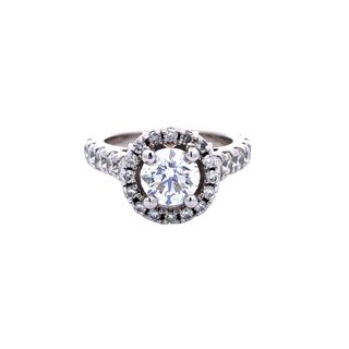 White 14 Karat Halo Engagement Ring Ring With 16=1.28tw Round G/h Si2 Diamonds, 16=0.24tw Round H Si2 Diamonds And 0.32 Twt Other Stones