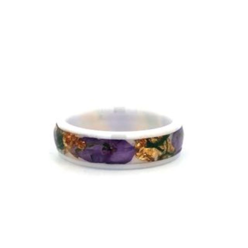 White Ceramic Dome Moss Gold Leaf Purple Flower Band Size 7