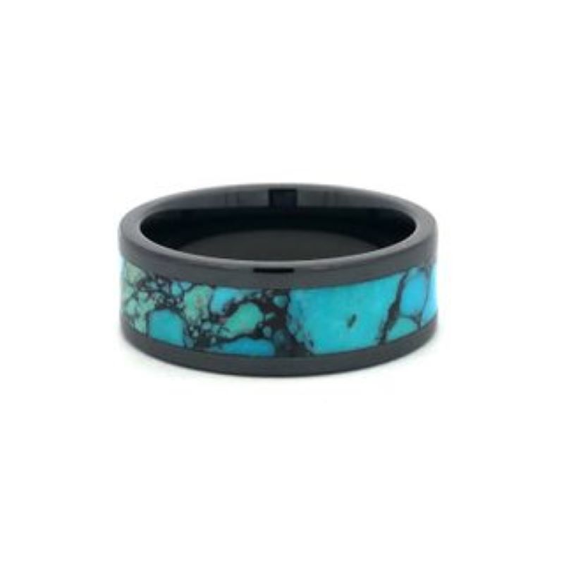 Black Ceramic Pressed Kingman Turquoise Band Size 10