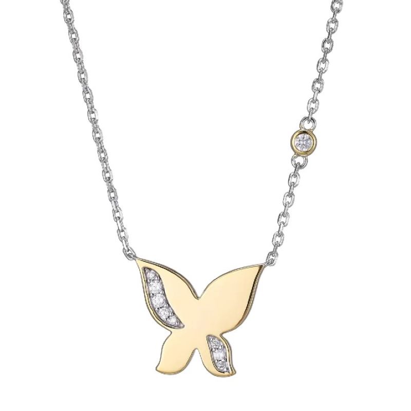 Sterling Silver Gold Plated Cz Butterfly Pendant 17" + 3" Diamond Cut Cable Chain