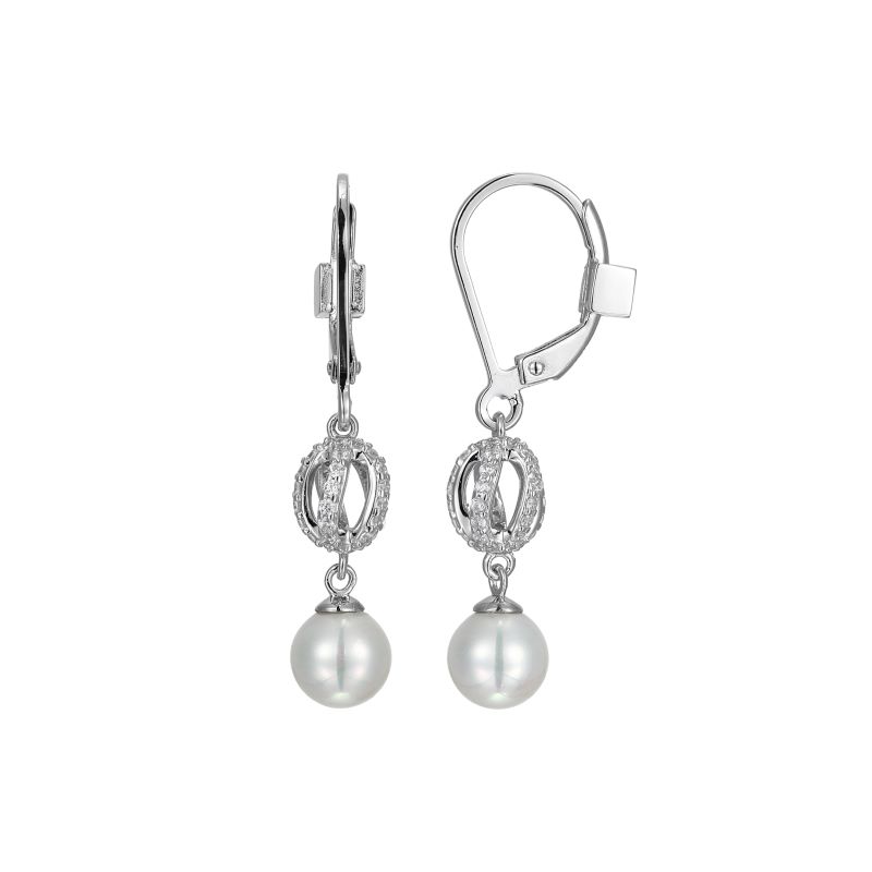 Sterling Silver Pearl & Cz Drop Earrings