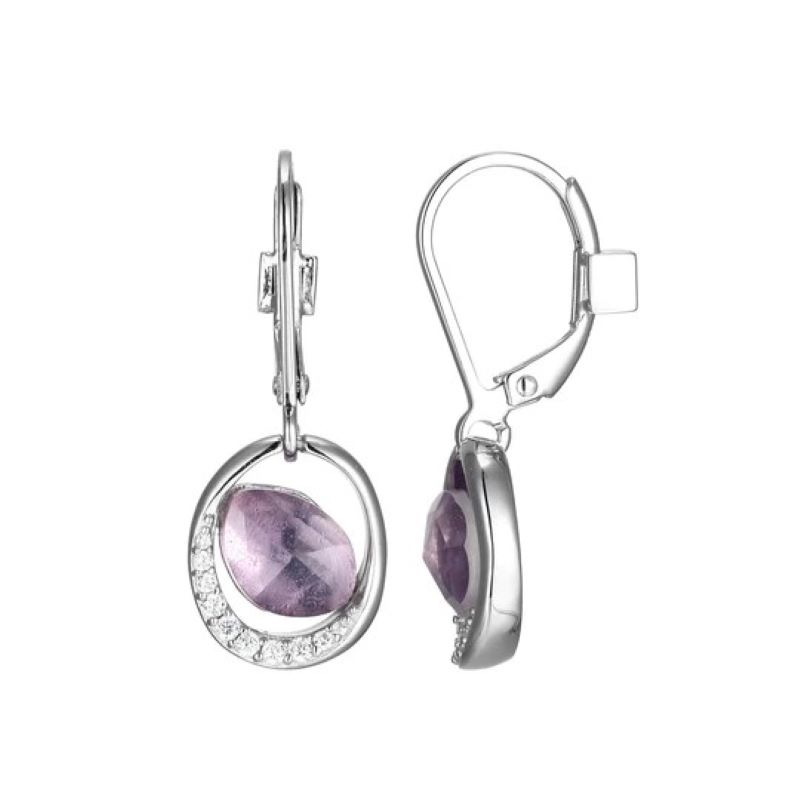 Sterling Silver Genuine Amethyst With Clear Cubic Zirconia Leverback Drop Earring