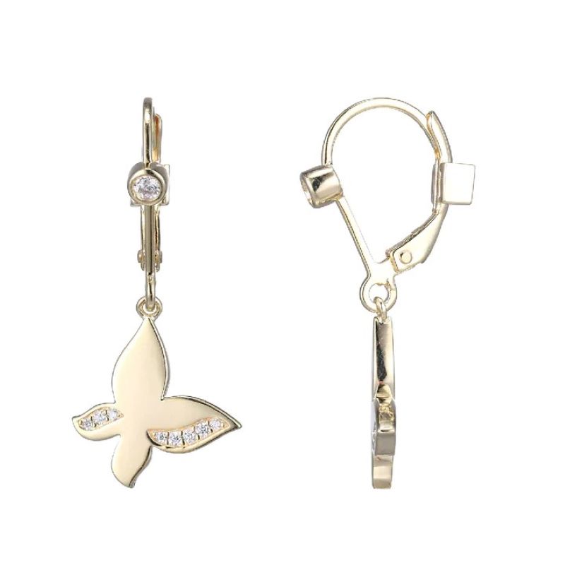 Sterling Silver Gold Plated Cz Butterfly Drop Earring