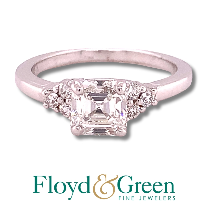 18KW Diamond Engagement Ring, Size 7, Sq Emearald-cut, 1.2ct, F VS1 (GIA# 12788677), 6 Round, 0.23ct, G VS1