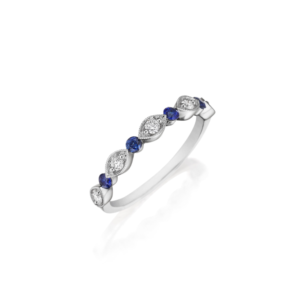 HENRI DAUSSI Scalloped Diamond & Sapphire Wedding Band