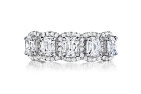 S/O-18K White Gold 5 Stone Halo Band 
5 Cushion Dia=2.04ct
64 Round Dia=0.35ct