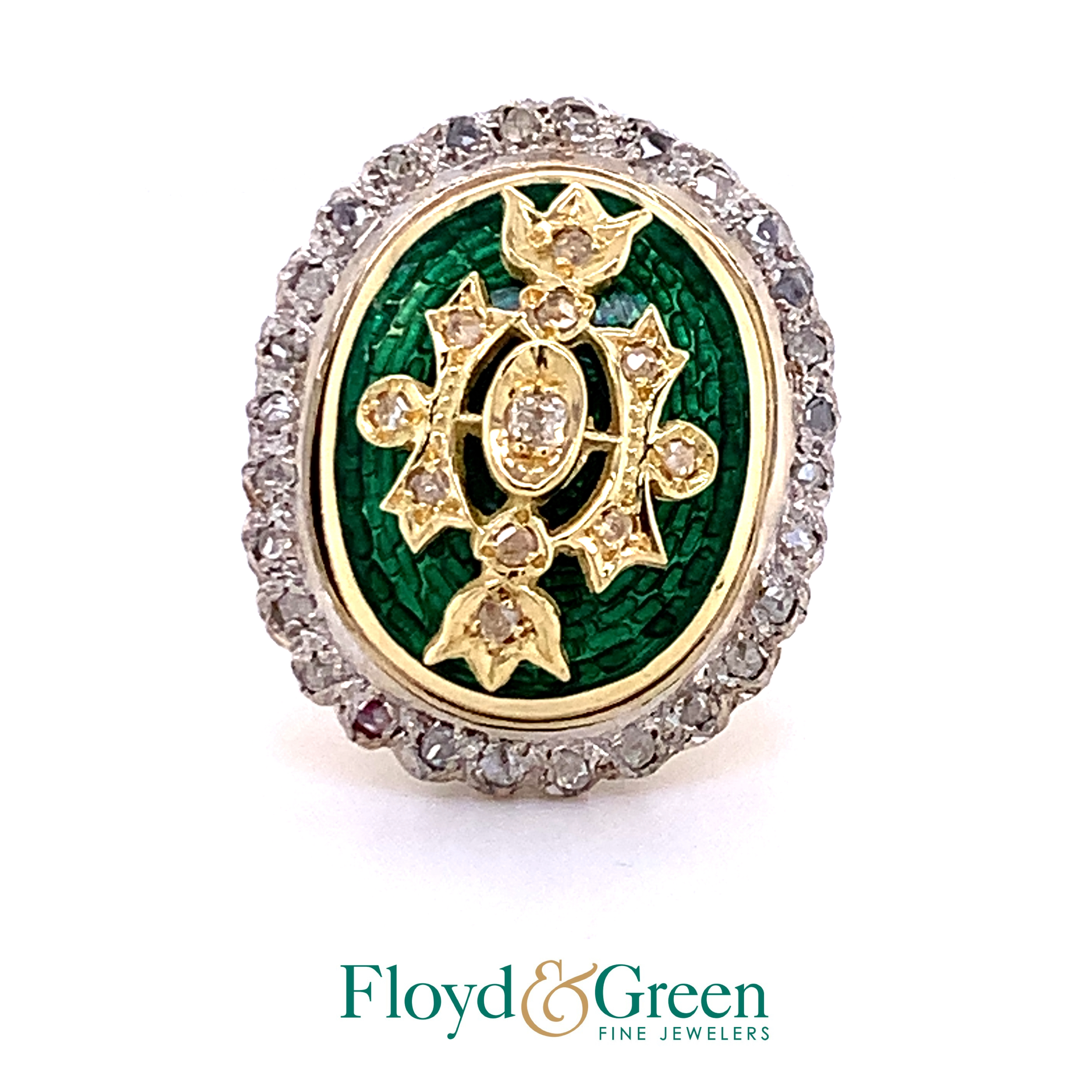 Green Enamel & Diamond Ring