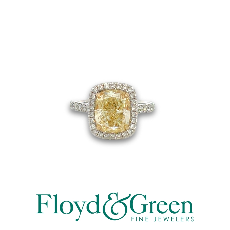 14KW/Y 2.82CT Cushion Cut Fancy Yellow Diamond w/ Dia Halo .55ctw Ring Size 6.5