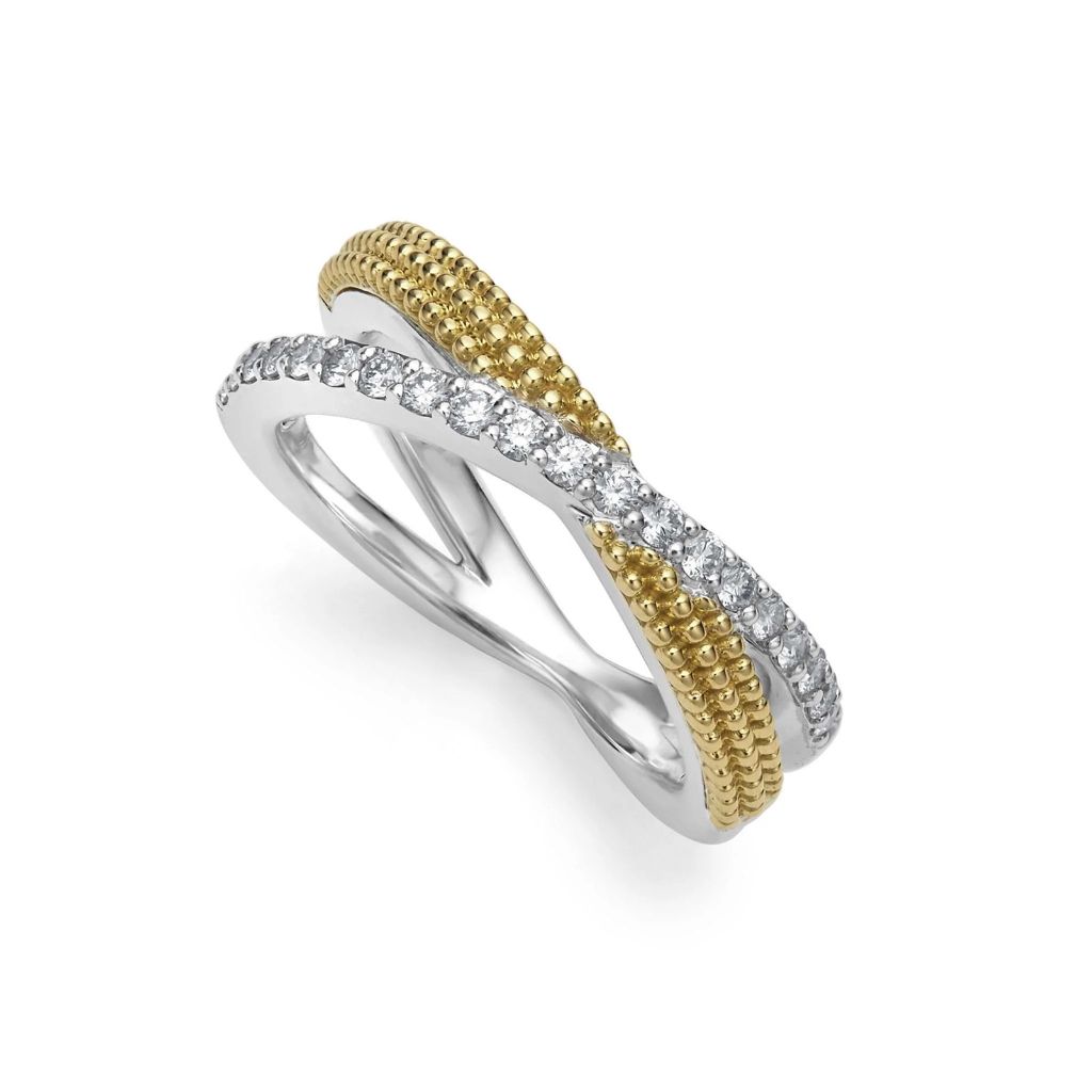 SS/18K Caviar Lux Crossover Thin X Diamond Ring - Size 7