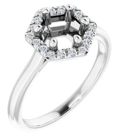 S/O-14kt wg diamond semi mount, hexagon halo, 1/8ct, size 7, 6.5mm center