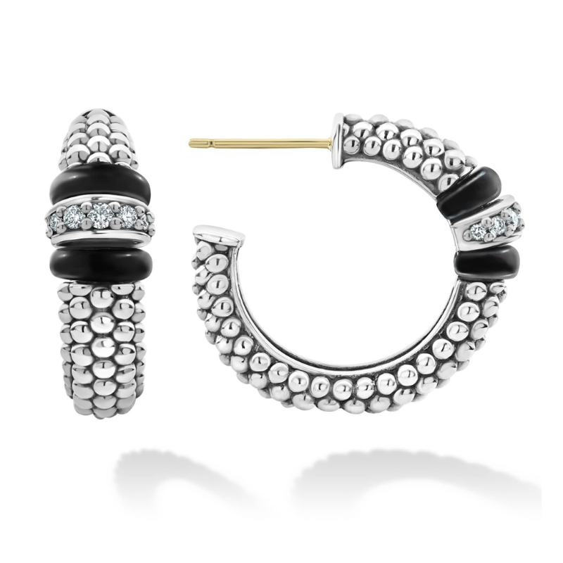 LAGOS Black Caviar Ceramic Caviar Diamond Hoop Earrings