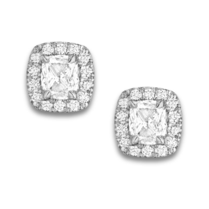 18KW Cushion Diamond Halo Earrings w/ 2 R Dia .65ctw G-H VS & 32 R Dia .20ctw I SI1