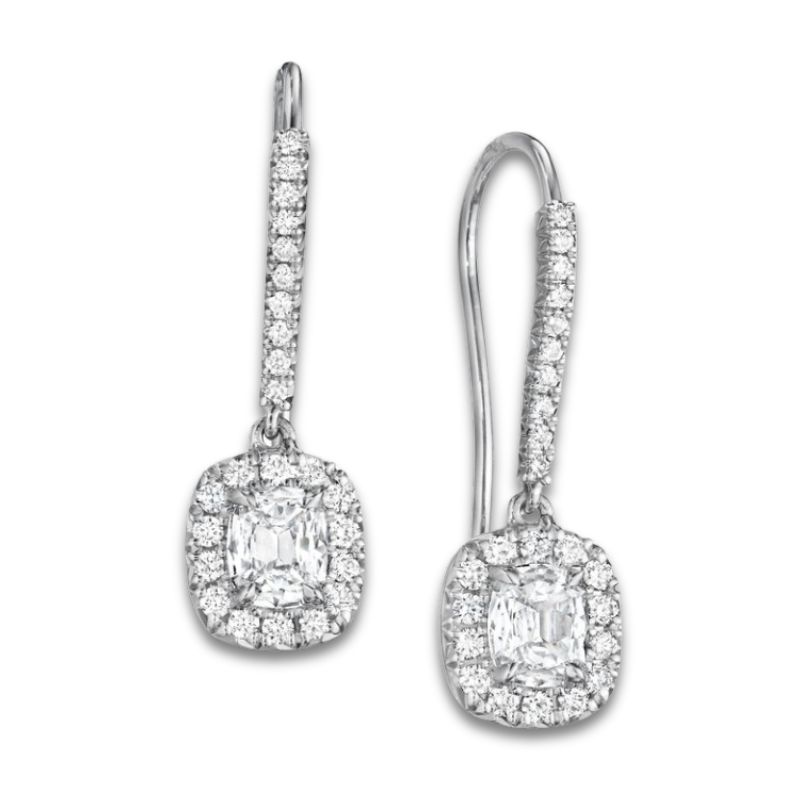 18KW Cushion Diamond Halo Drop Earrings w/ 2 R Dia .94ctw J VS1 & 48 R Dia .37ctw I SI1