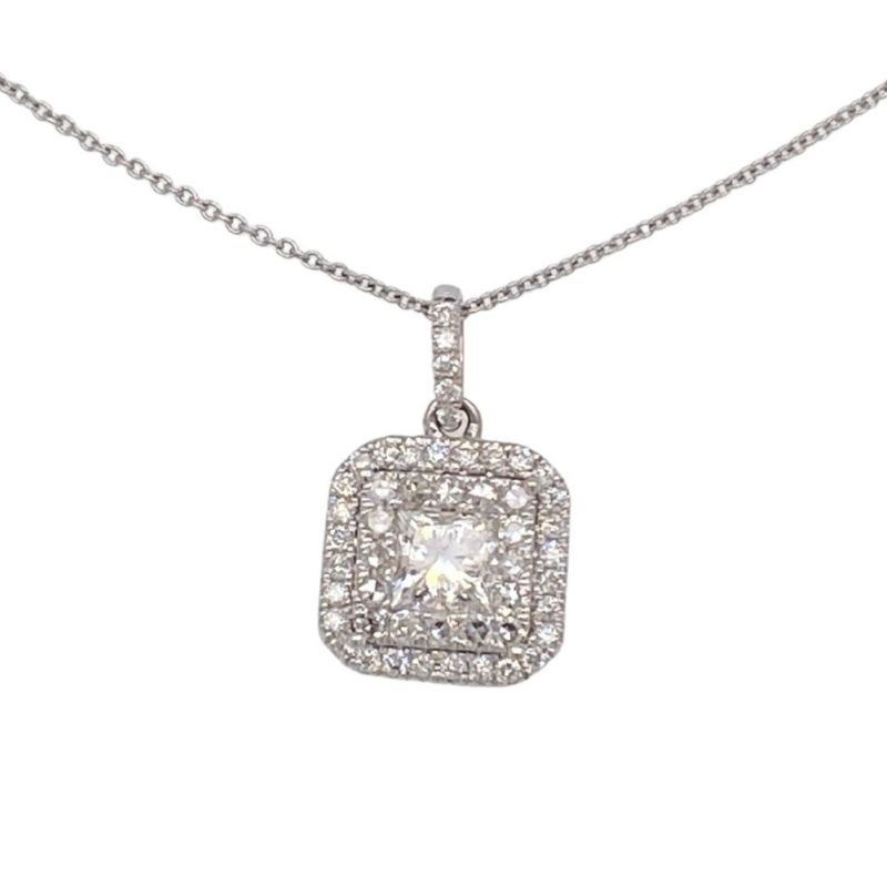 Square Double Halo Diamond Pendant Necklace