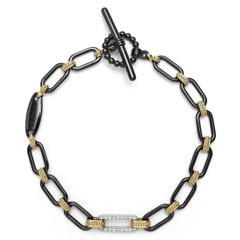 LAGOS Black Ceramic & Diamond Station Link Bracelet