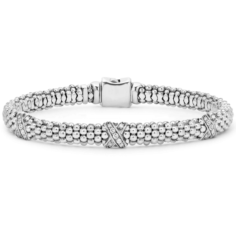 SS Caviar LuxThree Station Silver X Diamond Caviar Bracelet: 6MM / Dia 0.21ctw / Medium