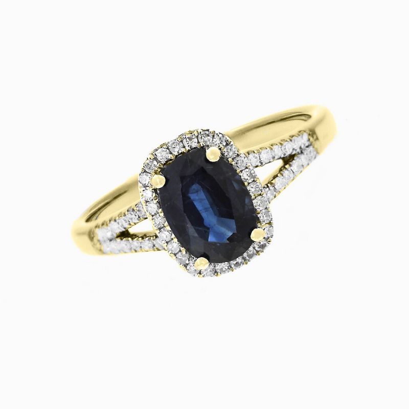 Sapphire Split Shank Ring with Diamond Halo