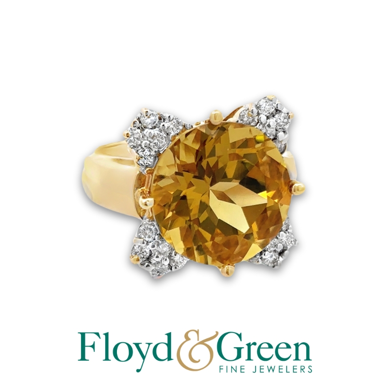 14K Two-Tone Diamond & Citrine Ring, 20 Round Diamonds, 0.34ct, I SI1. 1 Round Yellow Citrine, 6.64ct, Size 6.25