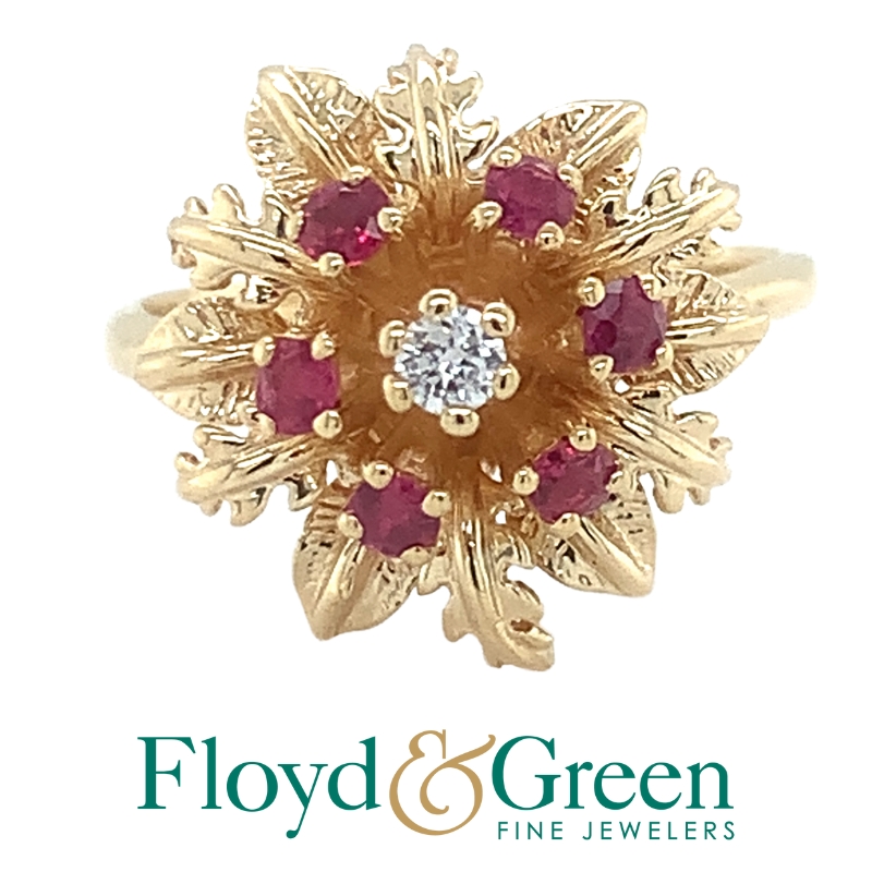 Diamond & Red Spinel Flower Ring