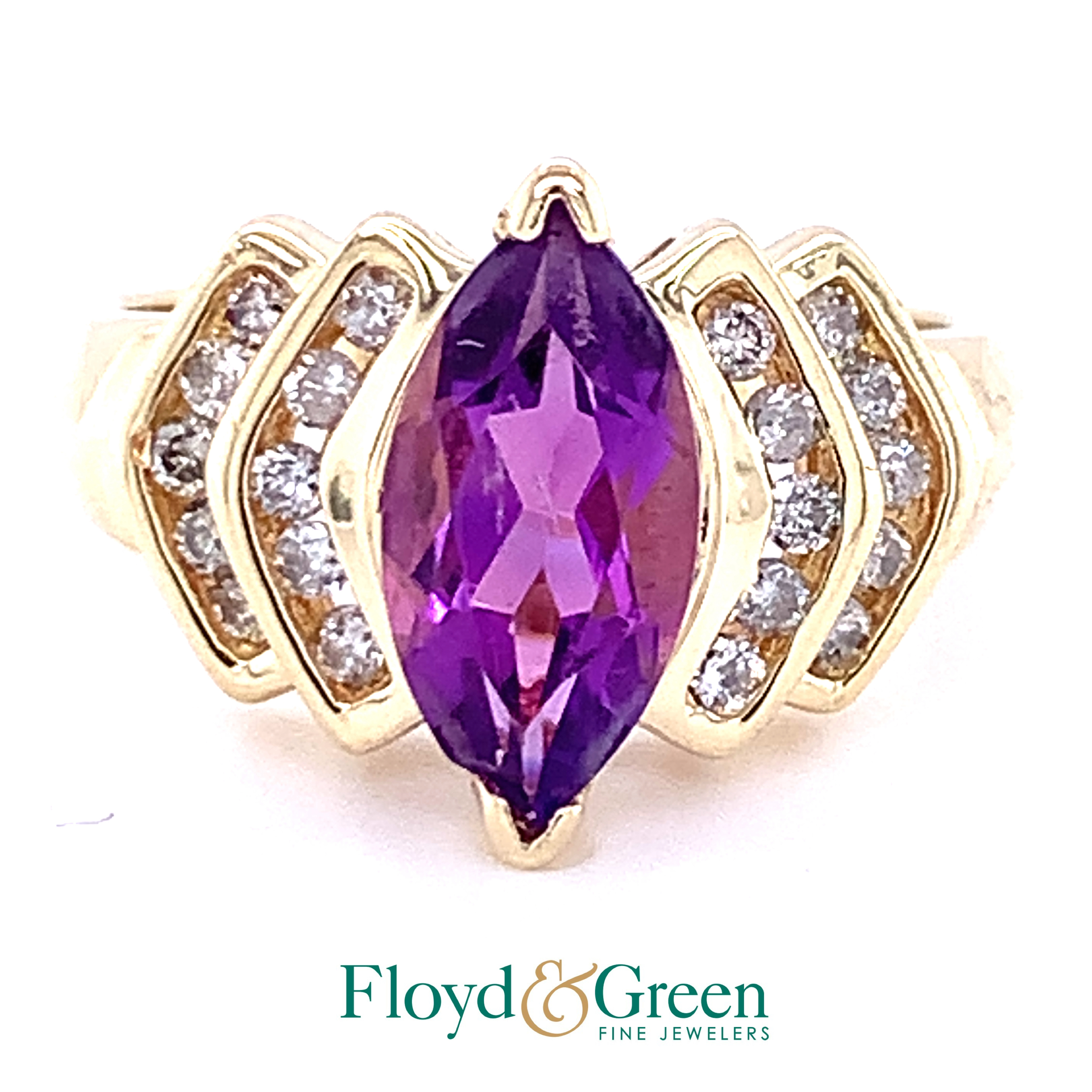 14KY Diamond & Amethyst Ring, 20 Round Diamonds, 0.30ct, J I1, Marquise Amethyst, 1.65ct, Size 7