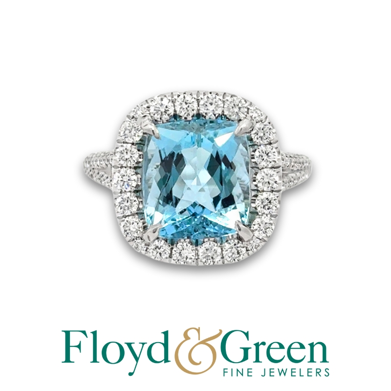 Lugano Auqamarine with Diamond Halo Ring