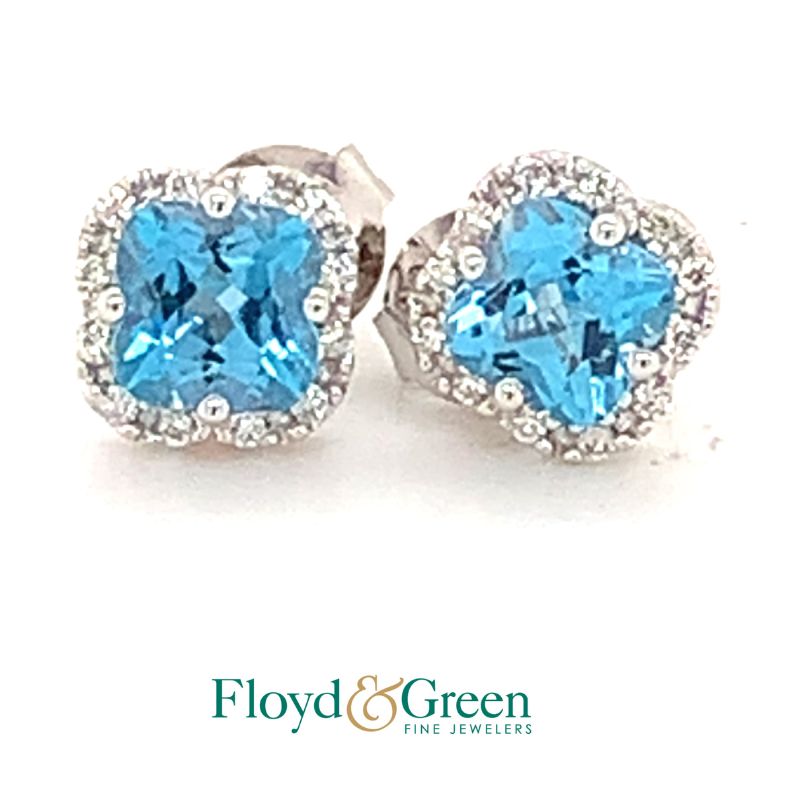 Blue Topaz Halo Clover Earrings