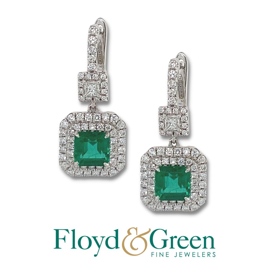 18KW Emerald 1.52ctw and Diamond .86ctw G-H/VS2-SI1 Square Dangle Earrings