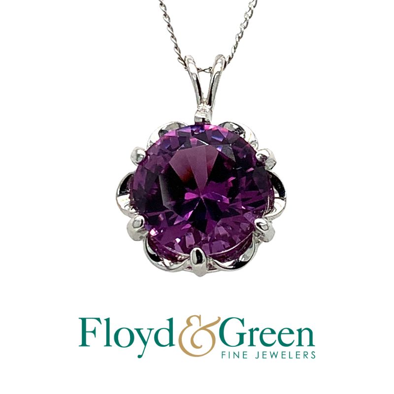 14KW Round Synthetic Sapphire Pendant, 5.2ct, with 14KW Chain, 15 inches