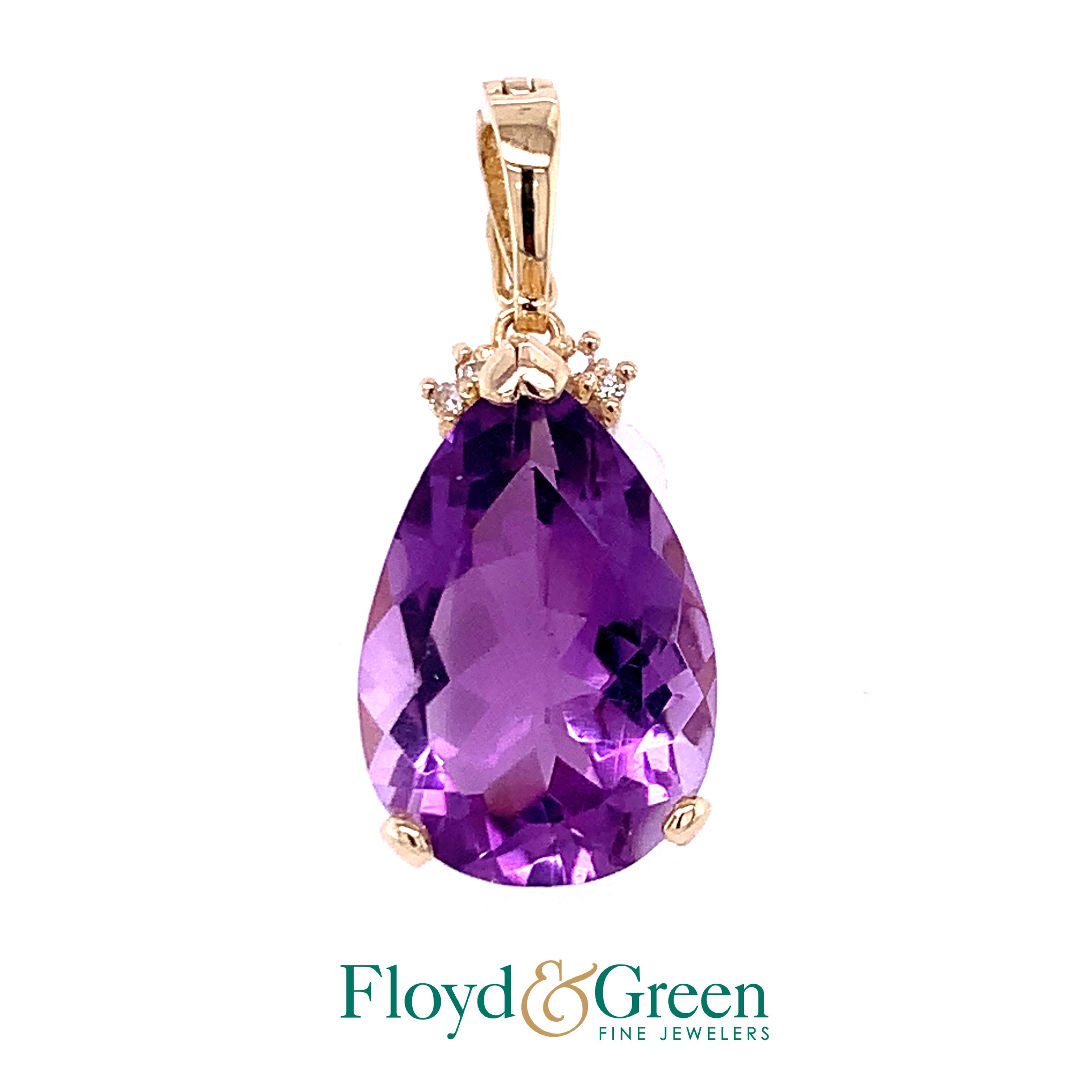 Solitaire 14 Karat Yellow Pendant 
Pear Purple 9.80ct Amethyst 
 & Round I 0.03ct Diamonds Clarity: VS1