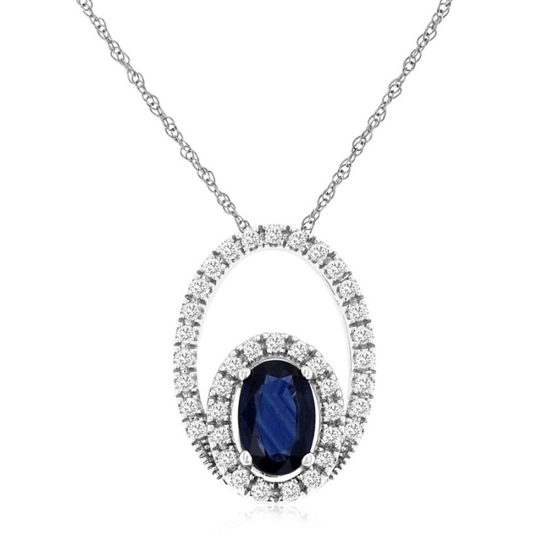 Sapphire & Diamond Double Oval Halo Pendant Necklace