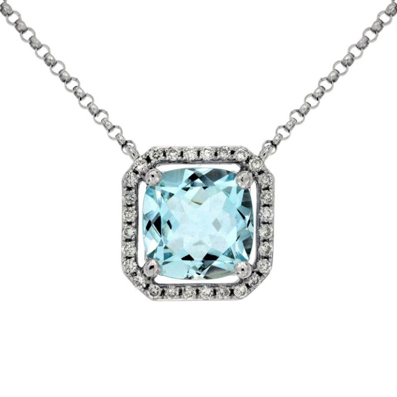 Aquamarine & Diamond Halo Pendant Necklace