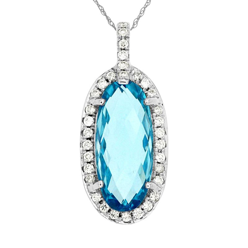 Long Oval Blue Topaz & Diamond Halo Pendant Necklace