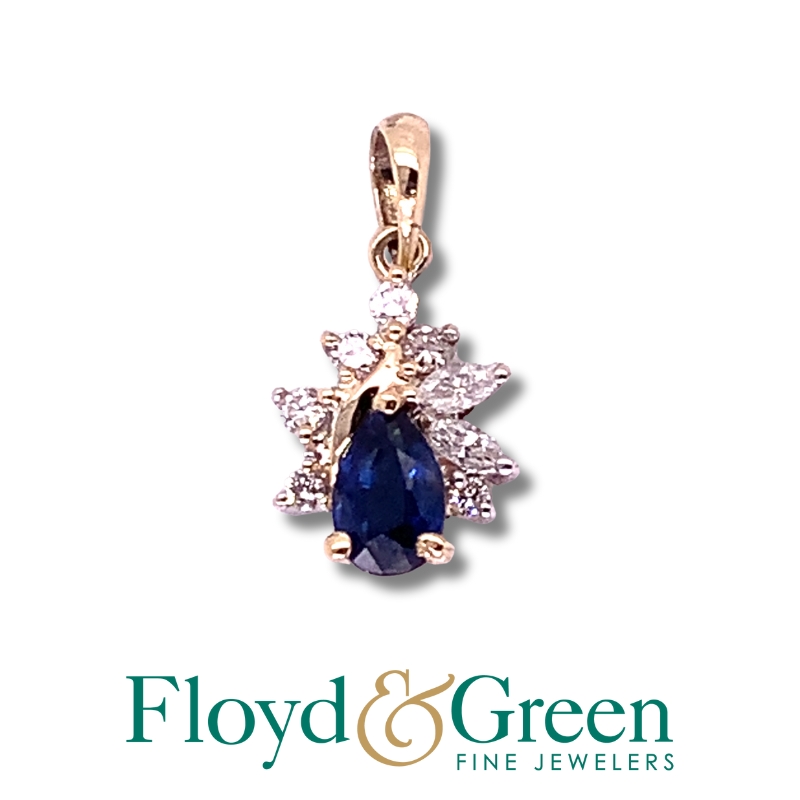 14KW Diamond & Sapphire Pendant, 8 Diamonds, 0.15ct, H SI1-SI2, 1 Pear Sapphire, 0.54ct, Dark Blue, 1.3g