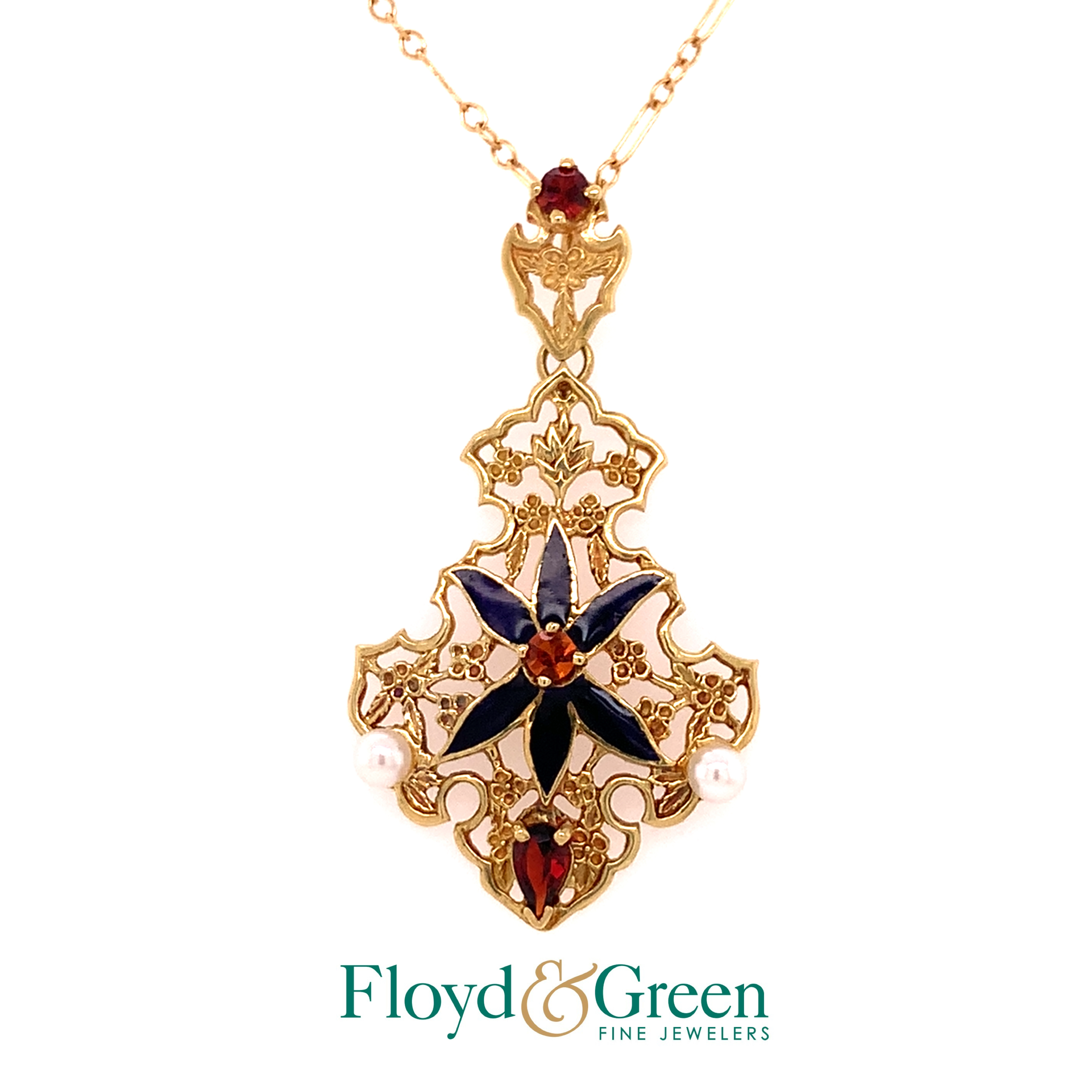 18KY Citrine, Garnet, Enamel & Pearl Pendant, 0.09ct Citrine, 0.38ct Garnet, Chinese Seed Pearls, 5.86g, on 18KY Link Chain, 18 inch