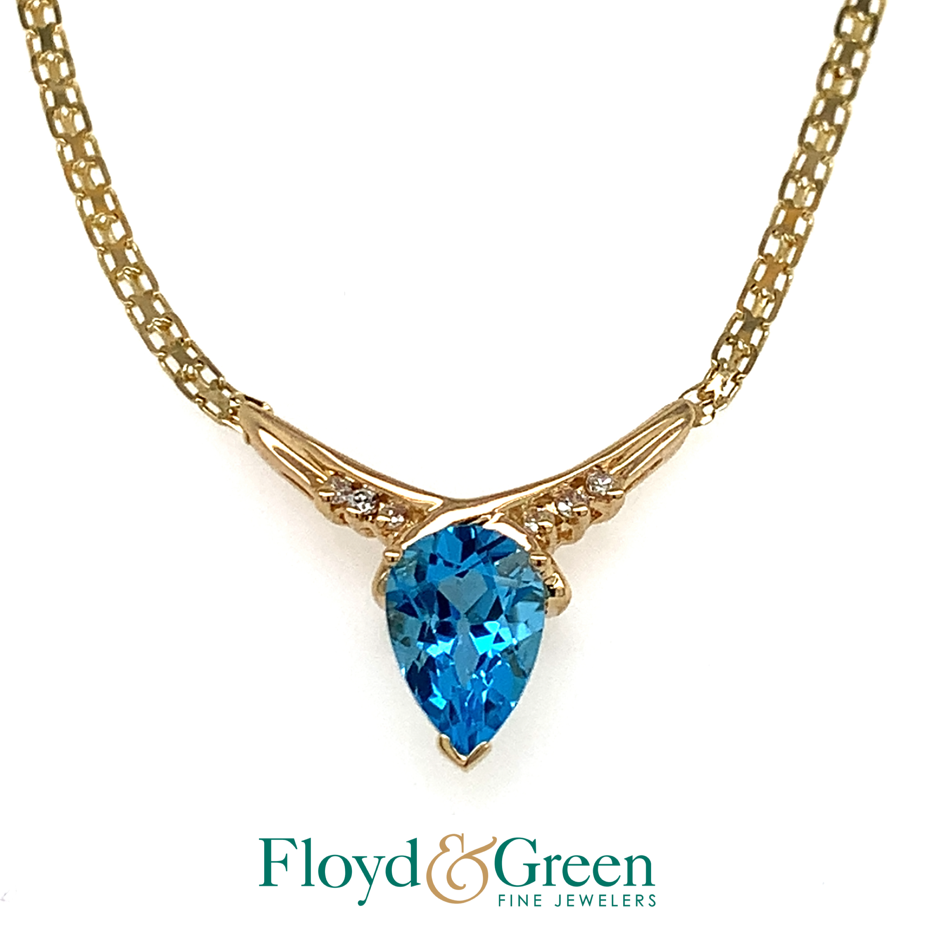 14KY Diamond & Blue Topaz Necklace, 6 Round Diamonds, 0.08ct, J I1, 1 Pear-shaped Blue Topaz, 2.78ct, 16 inch