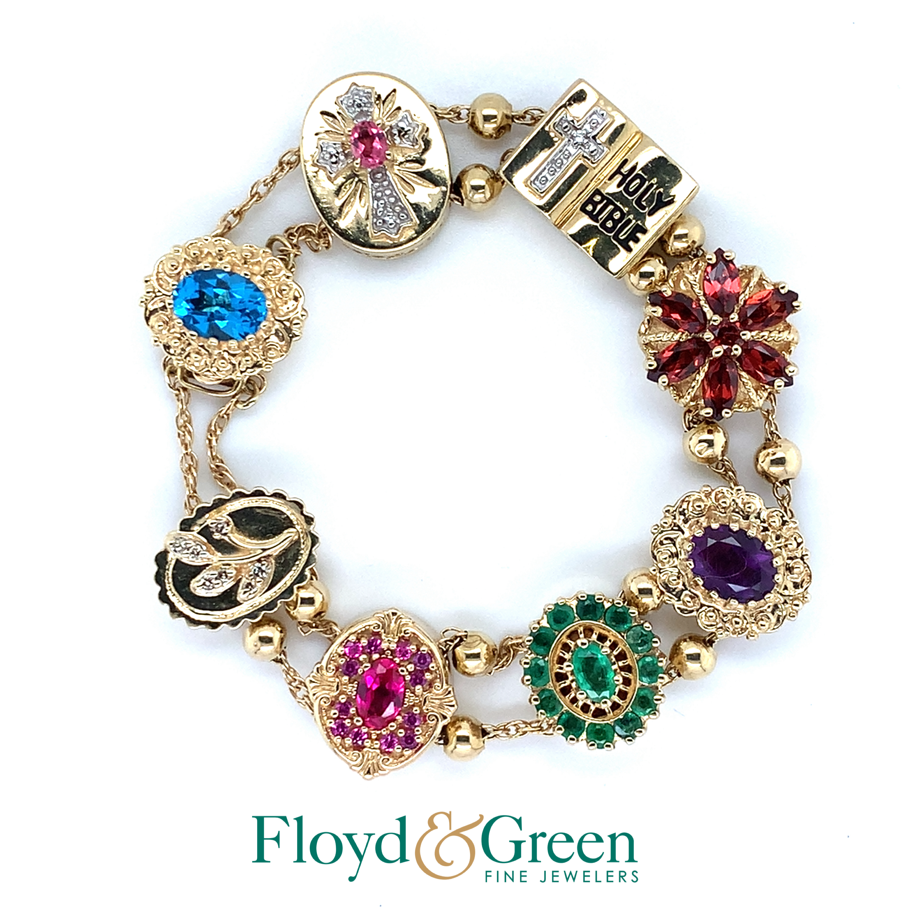 10K Two-Tone Link Bracelet with 8 Slides of Various Stones