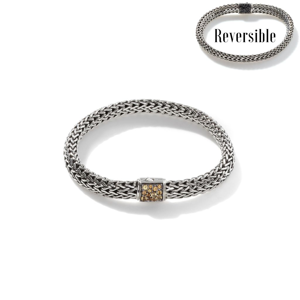 SS Classic Chain Reversible Bracelet 6.5MM w/ Pavé Black Sapphire +  Citrine - Size Medium