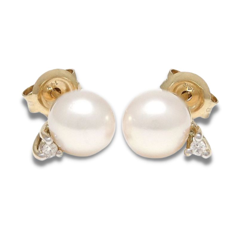 14KY Pearl 7MM & Diamond .03ctw Stud Earrings