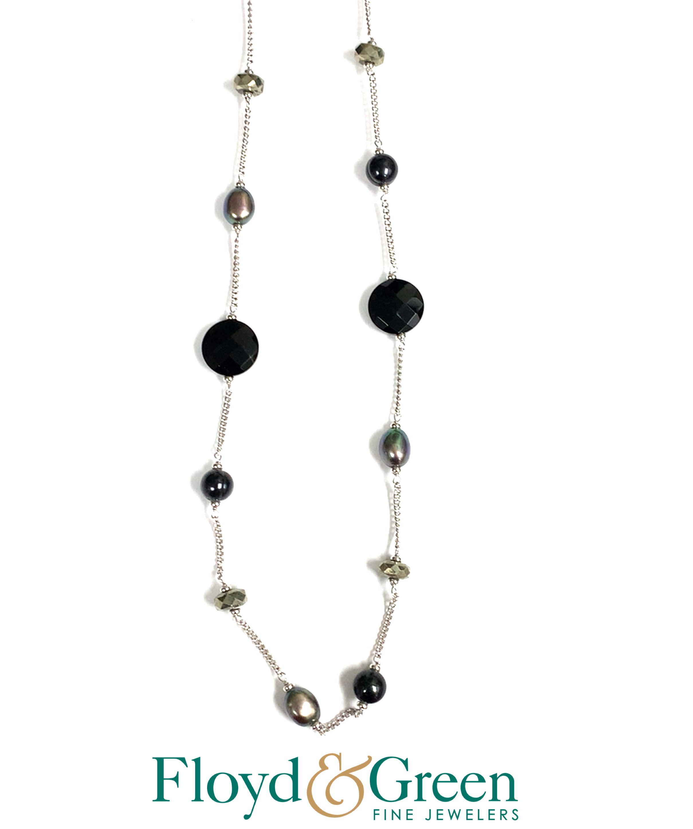 Honora Long Necklacde with Black Stone and Pearls, 36 inch