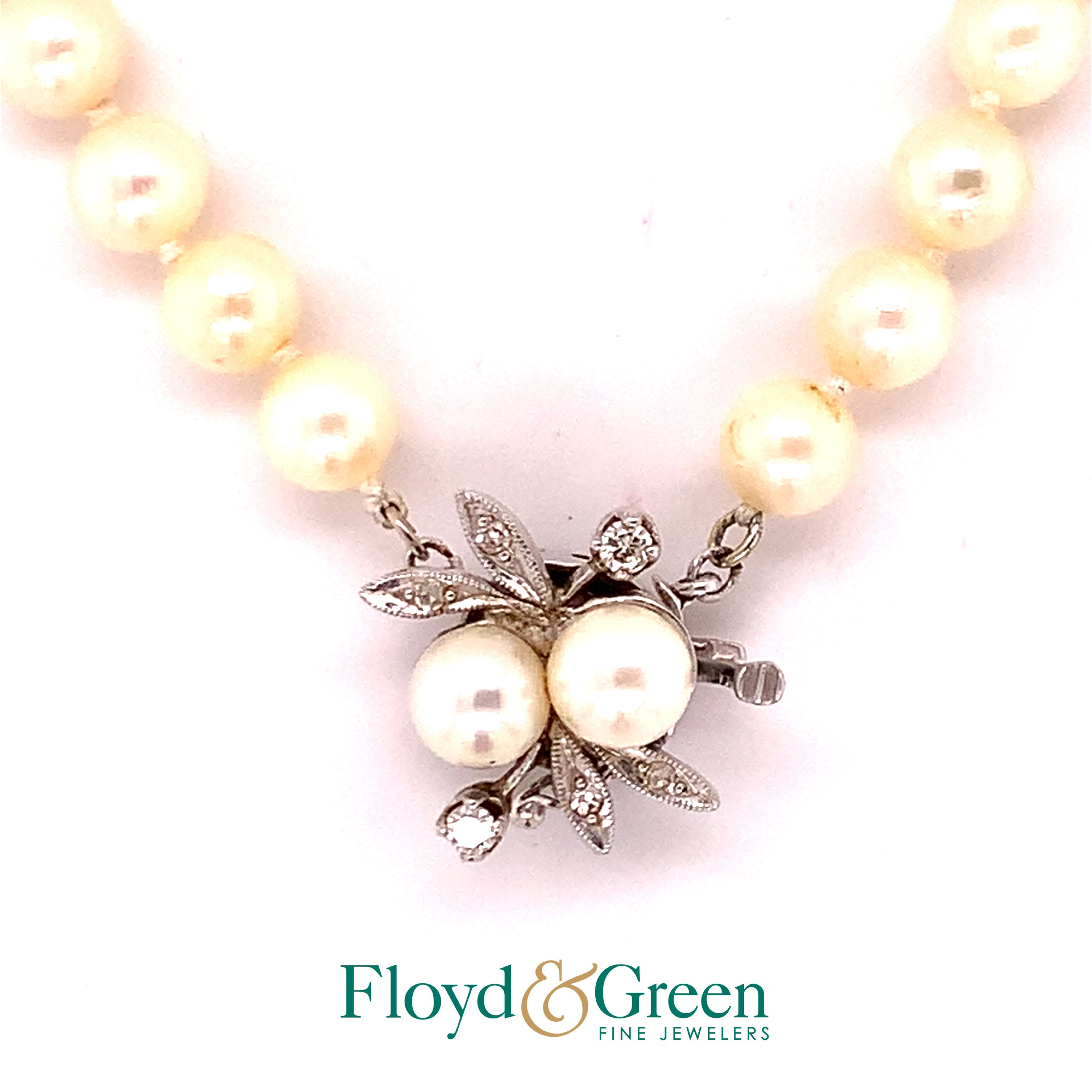 14KW Pearl Necklace with Pearl & Diamond Clasp, 55 Chinese Cultured Pearls, 4 Diamonds, 0.13ct, H VS2, 15 inch