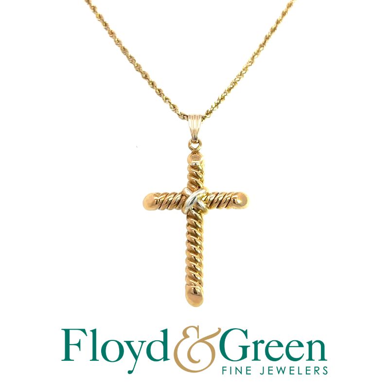 16 14KY/W Small Swirl X Cross Pendant on Rope Chain