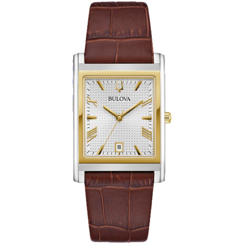 Sutton Tank Style Watch Silver Dial w/ Gold Tone Roman Numerals, on Brown Leather Strap