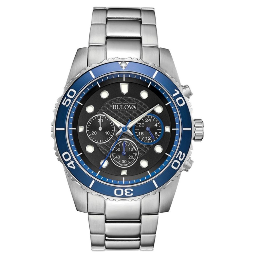 Stainless Steel 43MM w/ Blue Bezel & Black Dial