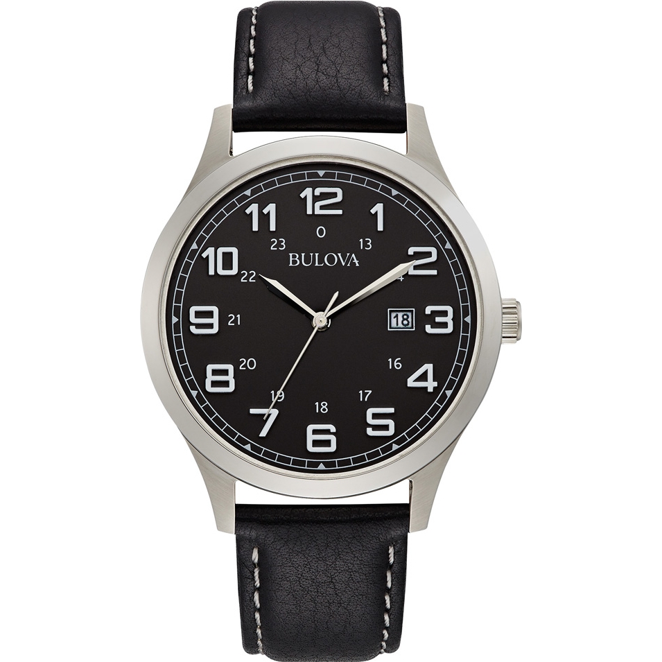 STAINLESS STEEL WATCH WITH BLACK LEATHER STRAP, BLACK FACE, DATE, LARGE NUMBERS.