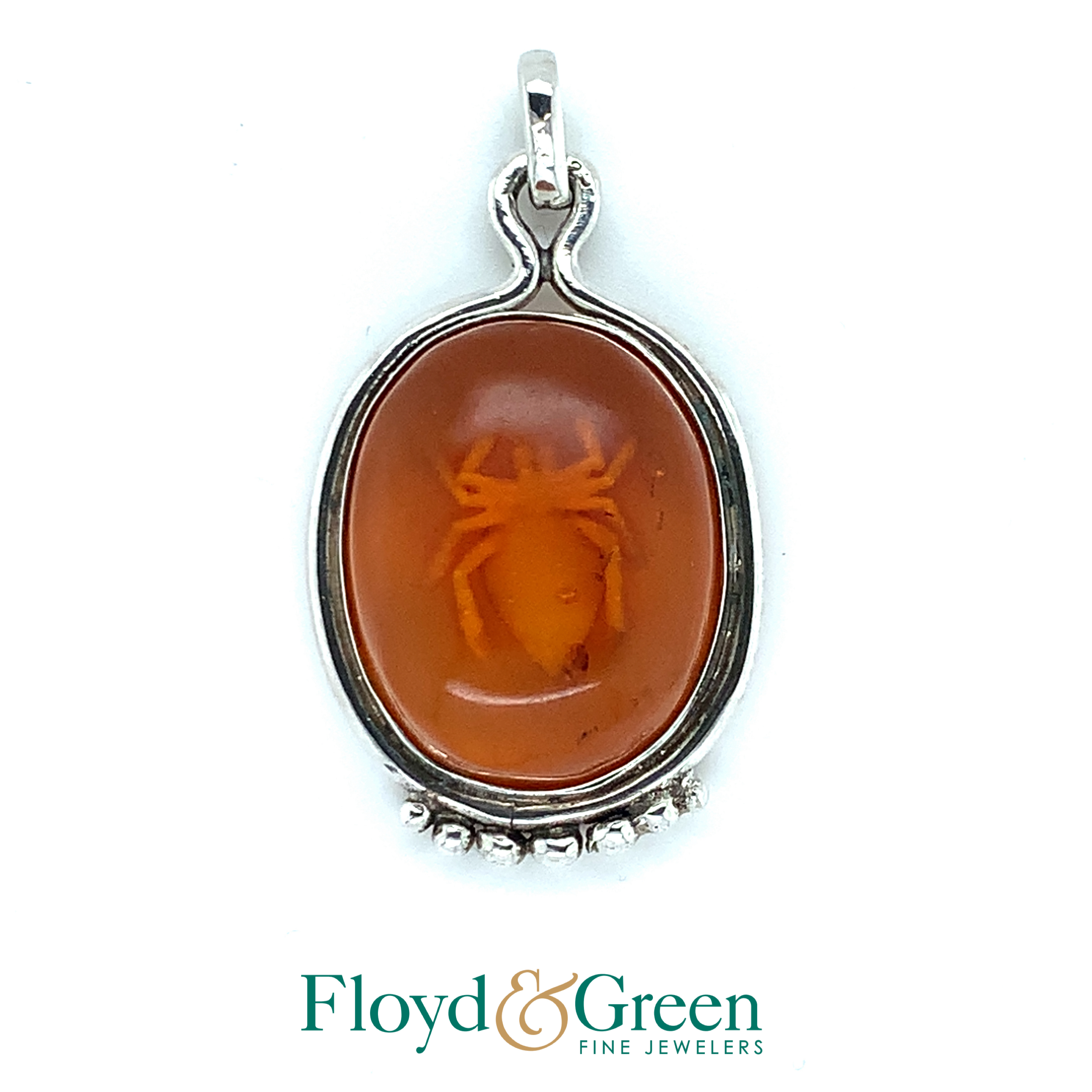 Sterling Silver Pendant with Spider in Oval Orange Glass Stone, 10.2g