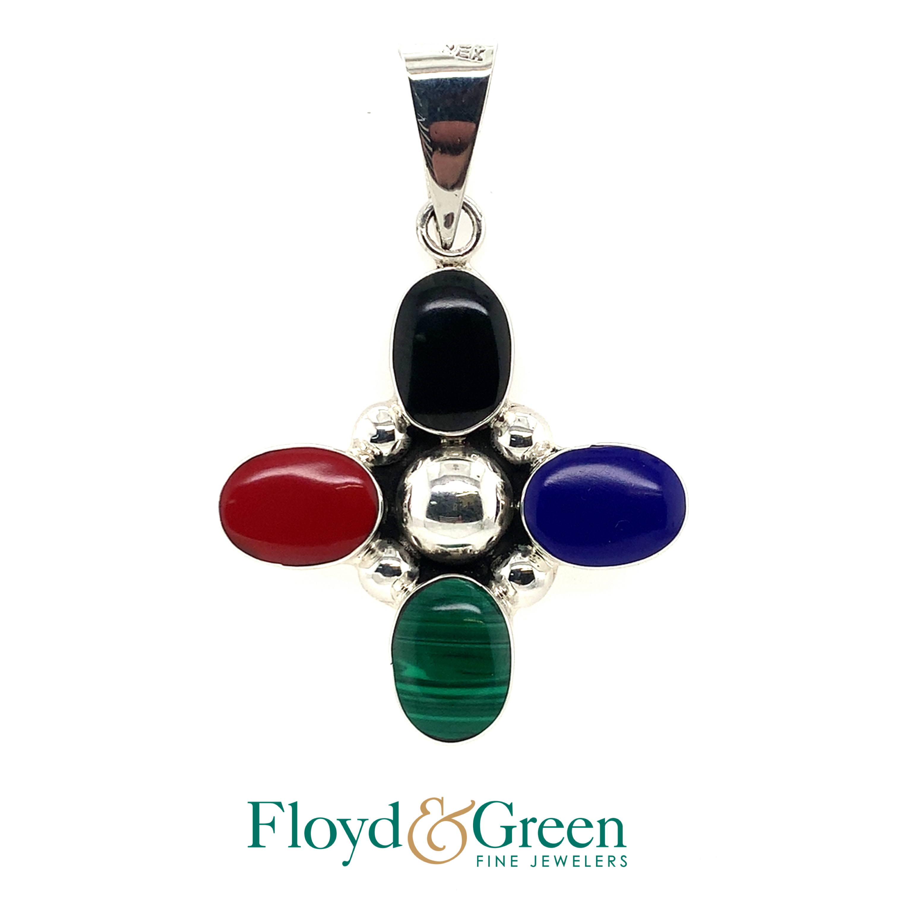 Sterling Silver Cross Pendant with 4 Colored Oval Glass Stones, 11.5g