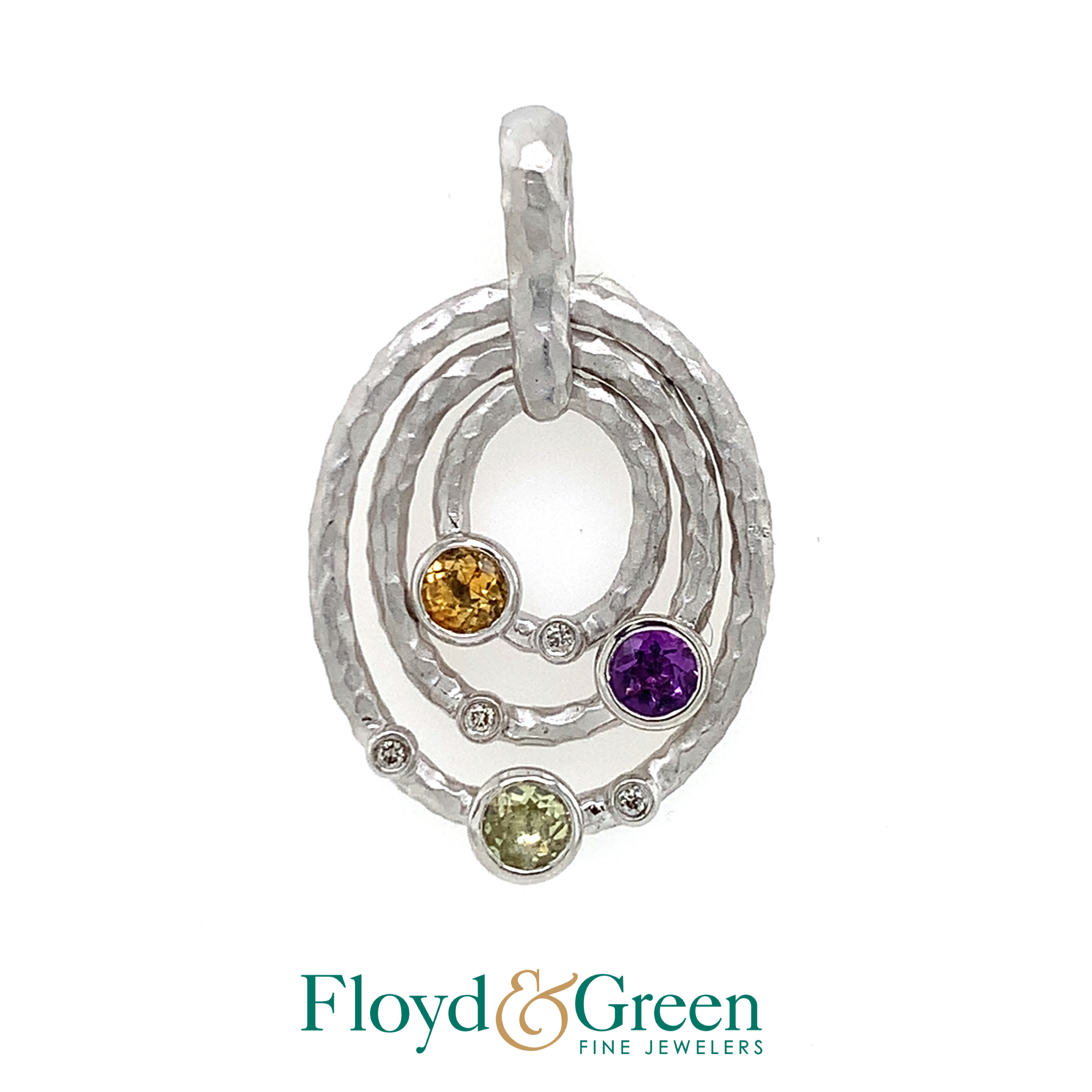 Sterling Silver Oval Pendant with Diamond, Amethyst, Citrine, and Peridot Stones, 6.3g