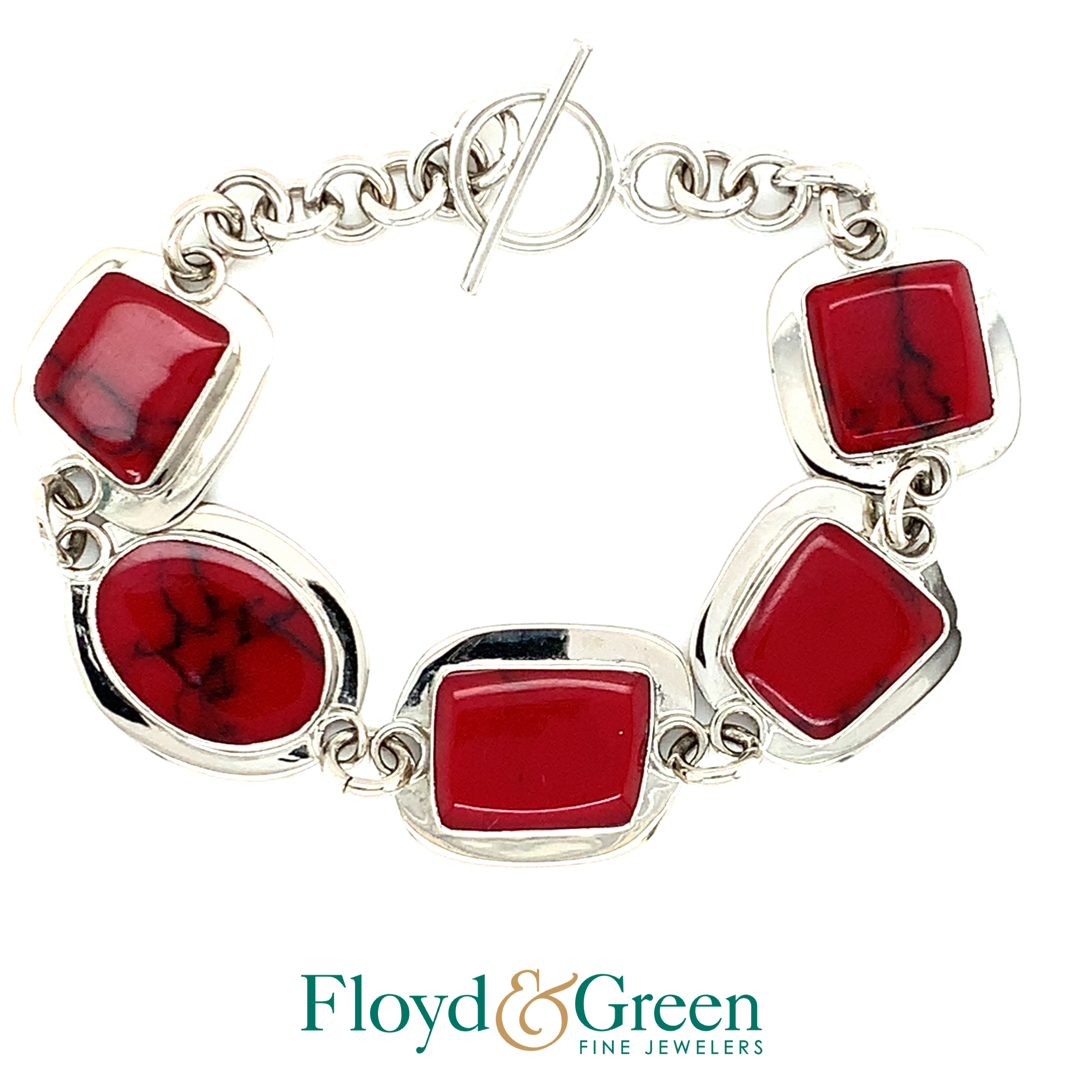 Sterling Silver Bracelet with 5 Red Glass Stones, 7 inch, 24.2g