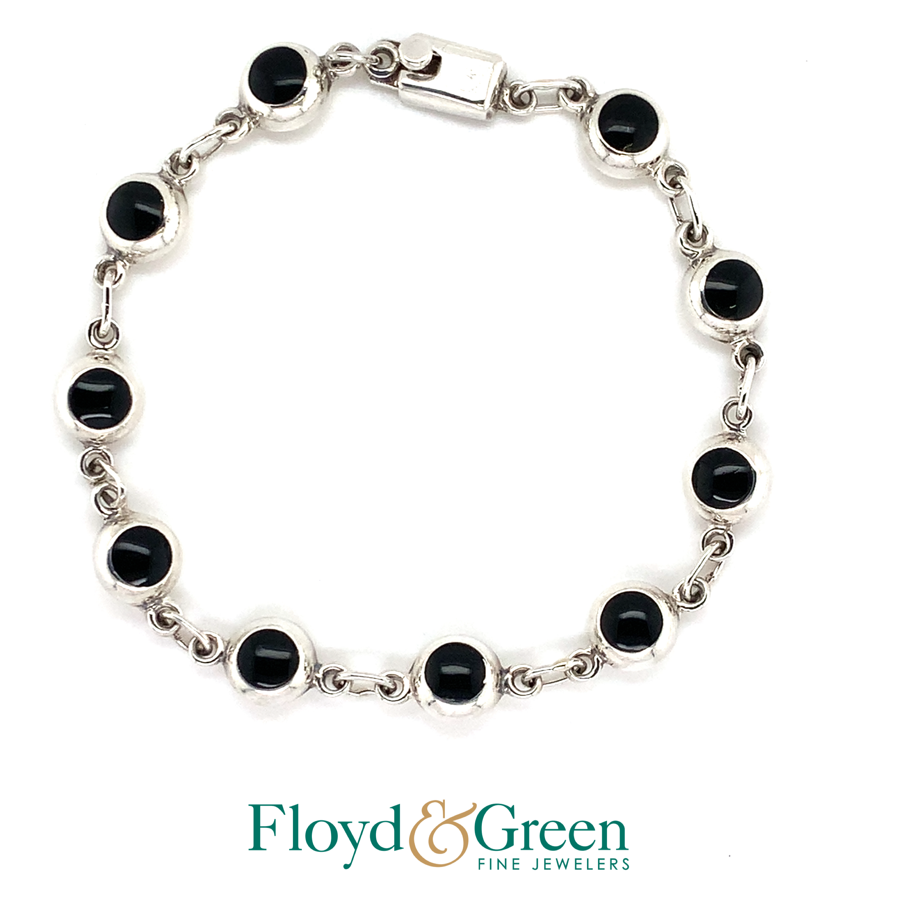 Sterling Silver Bracelet with Black Glass Stones, 7 inch, 9.6g